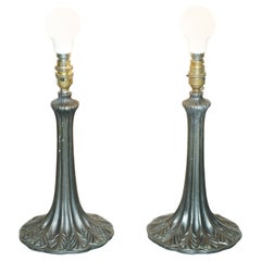Pair of Vintage Bronzed Tiffany & Co Style Table Lamps with Lily Pad Bases