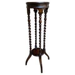 Antique English Round Plant Stand Barley Twist Dark Oak Jardiniere Display Table