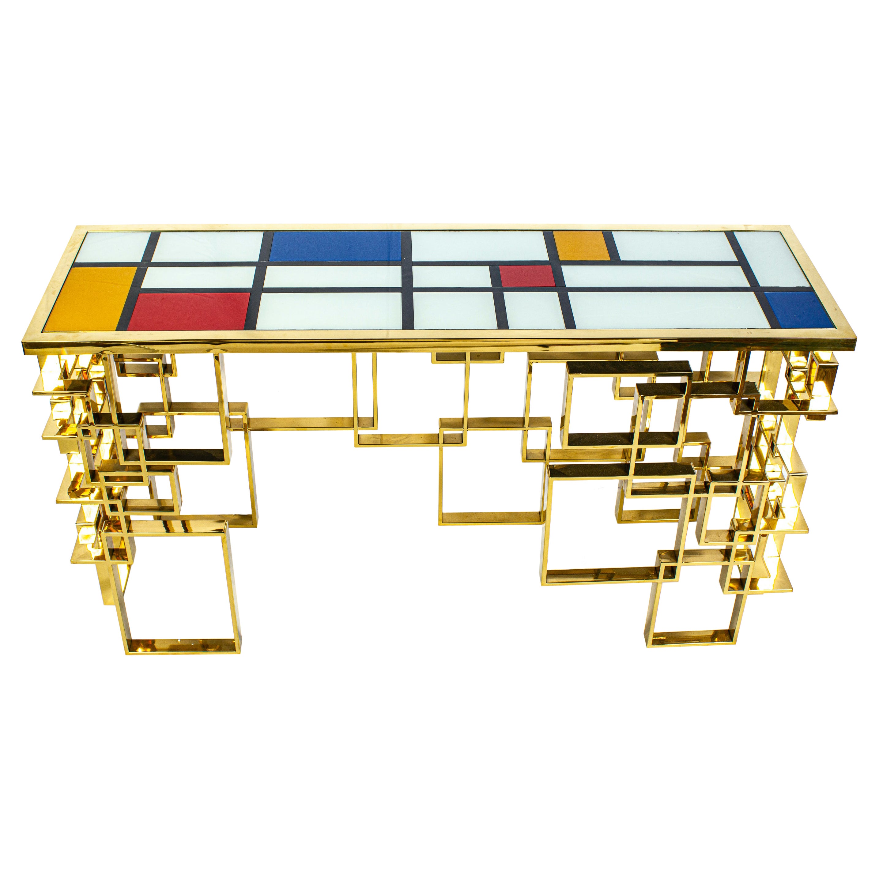 Contemporary Italian Sculptural Brass and Glass Top Console Table For Sale