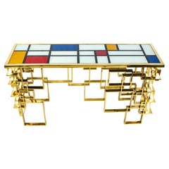 Contemporary Italian Sculptural Brass and Glass Top Console Table