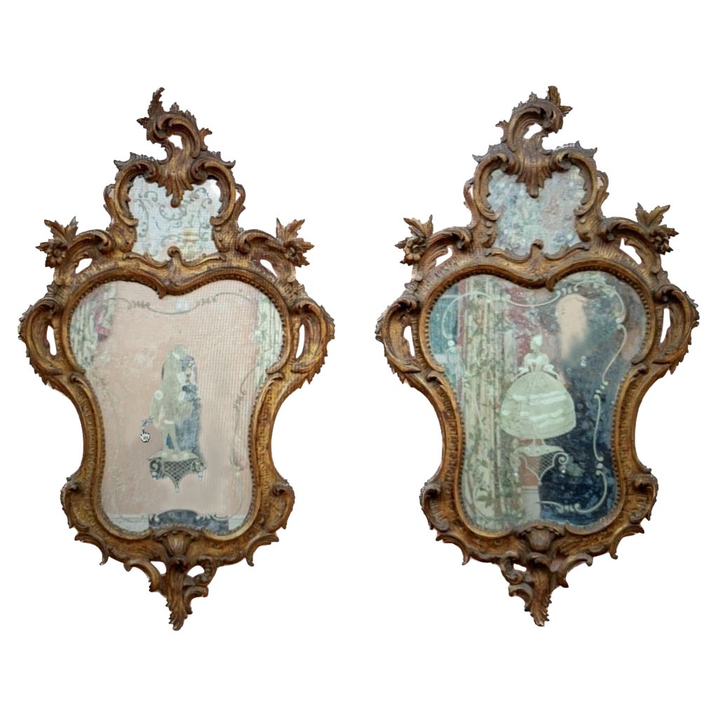 Fine Pair of Italian Rococo Style Etched Mirrors with Silhouettes For Sale