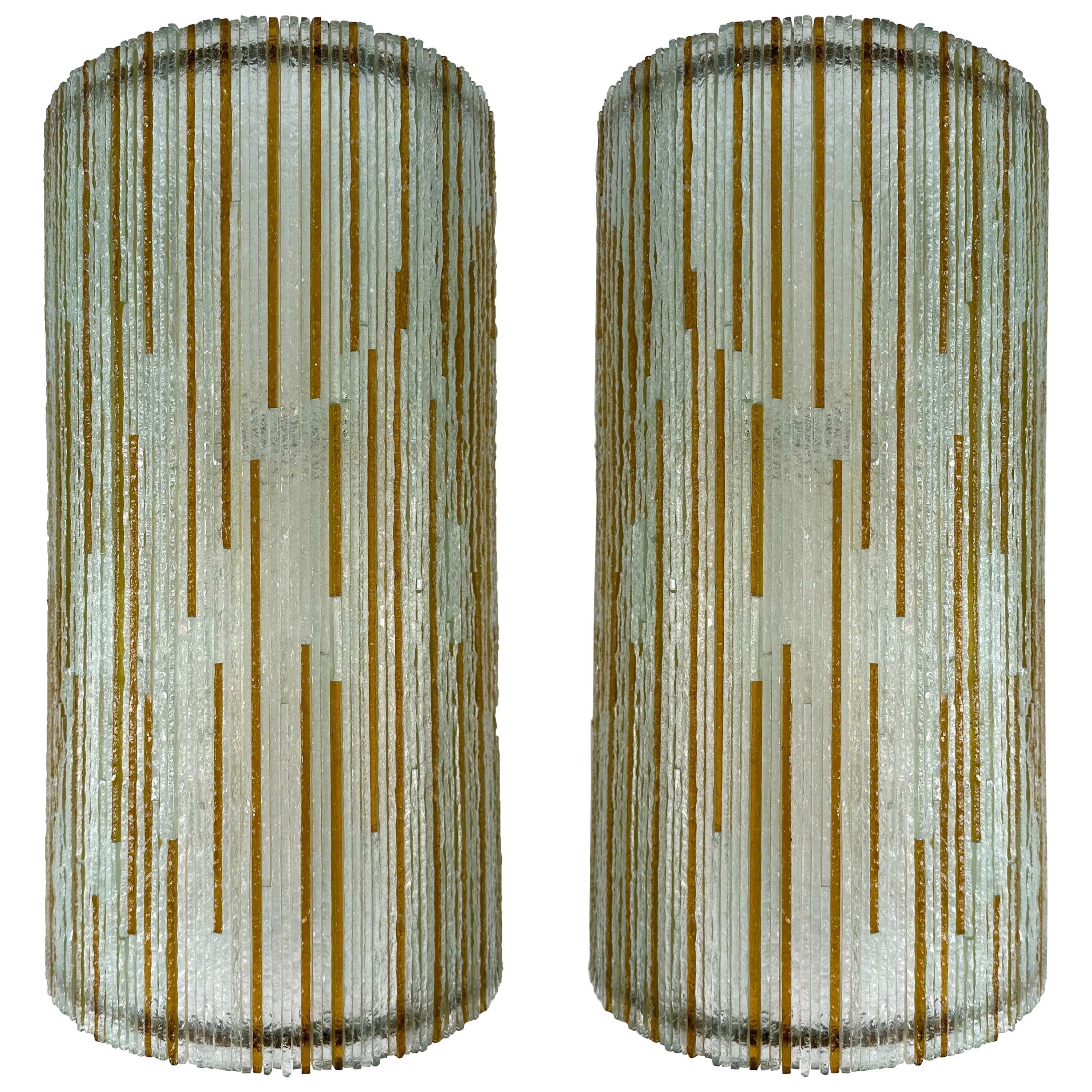 Large Pair of Hammered Amber Glass Ice Sconces by Poliarte, Italy, 1970s For Sale