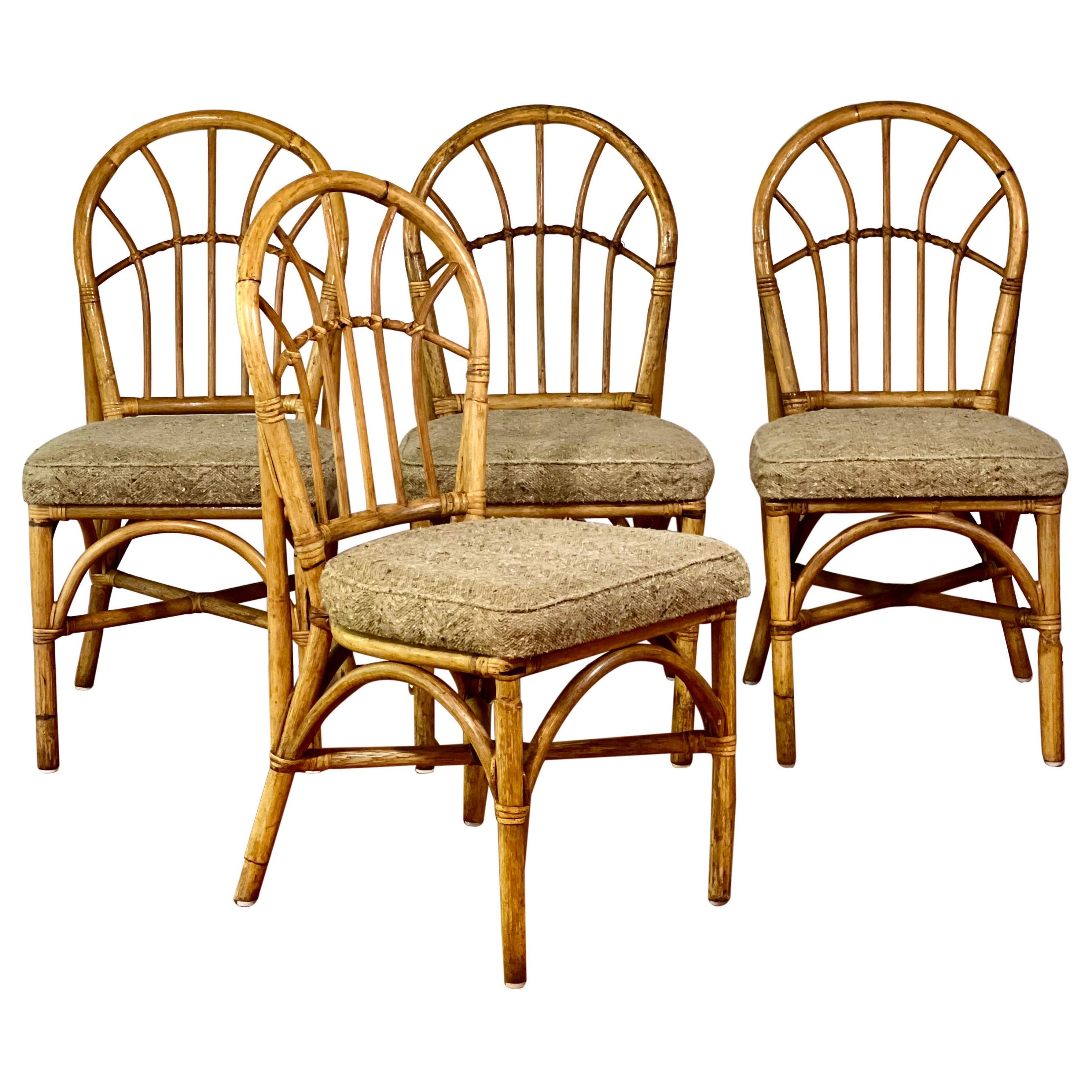 Chaises de salle à manger vintage tapissées en bambou, lot de 4 en vente