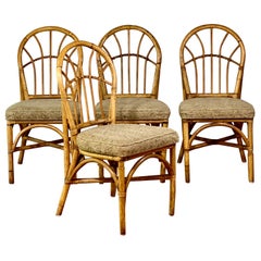 Juego de 4 sillas de comedor tapizadas de bambú vintage