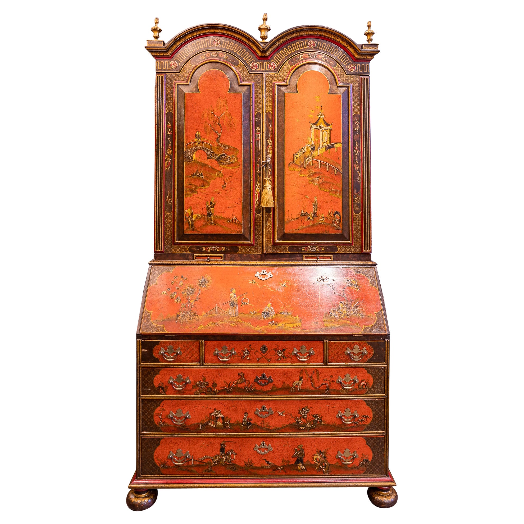 Fine 19th Century English Chinoiserie and Red Lacquered Slant Front Secretary For Sale