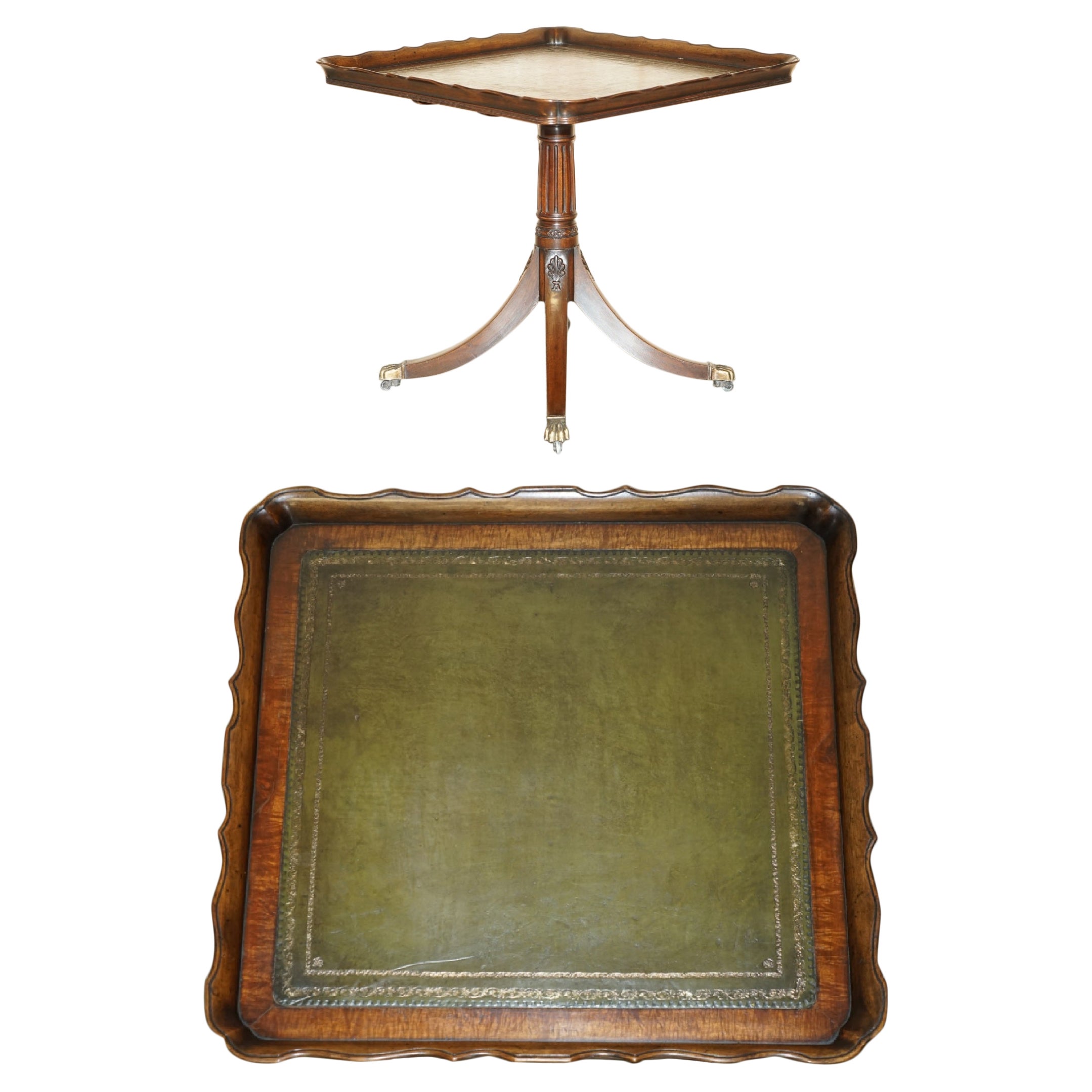 Large Ornately Carved Antique Hardwood & Green Leather Tilt Top Centre Table For Sale