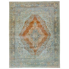 Antique Mahal Wool Rug with Medallion Design in Rust