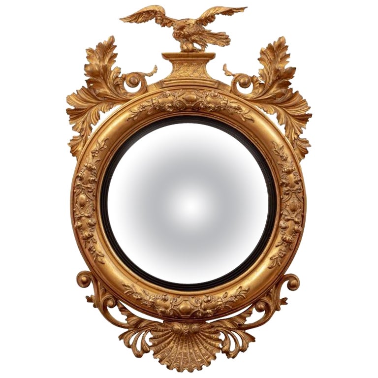 Monumental Gilt & Ebonized Convex Mirror with Eagle For Sale