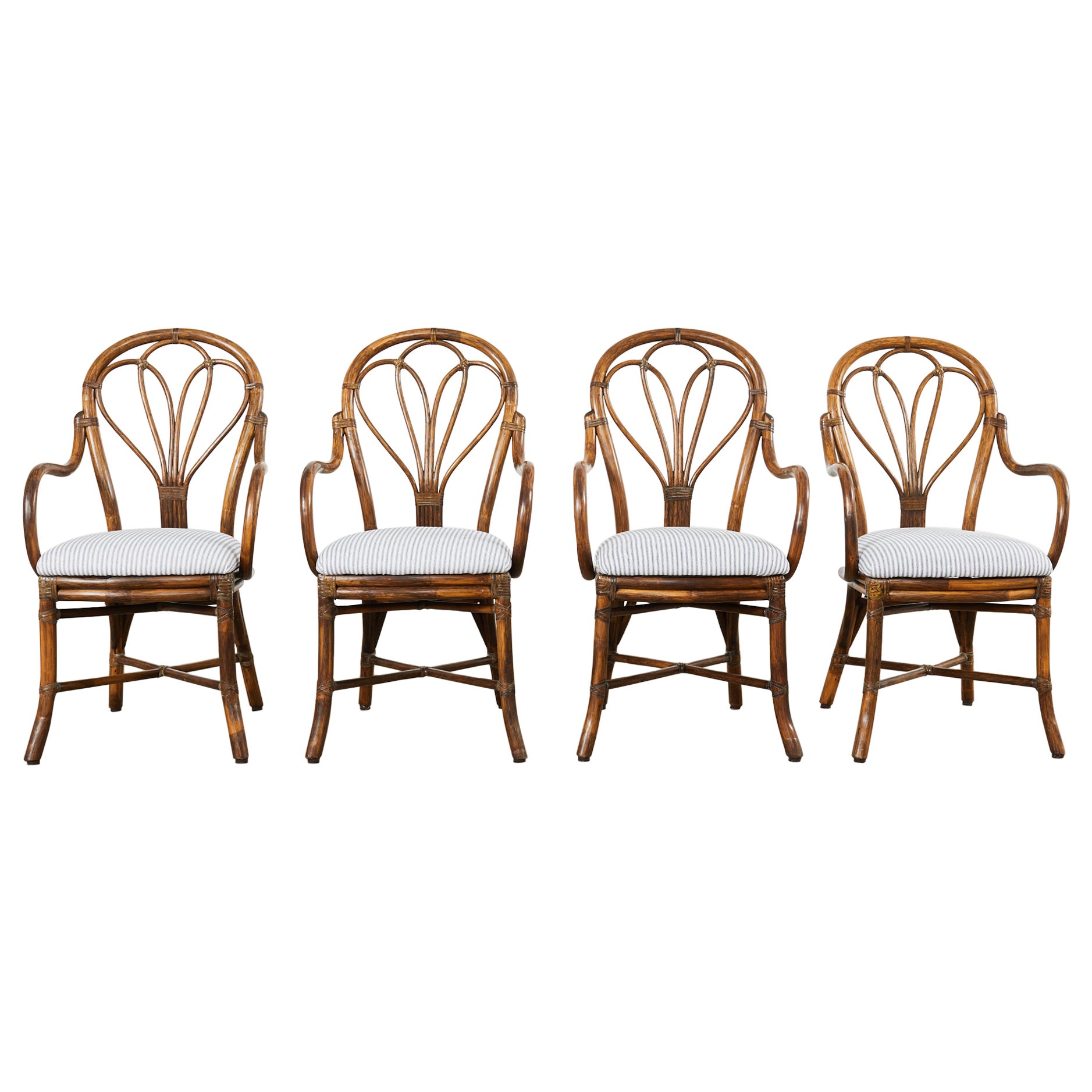 Set of Four McGuire Art Nouveau Style Rattan Dining Armchairs For Sale