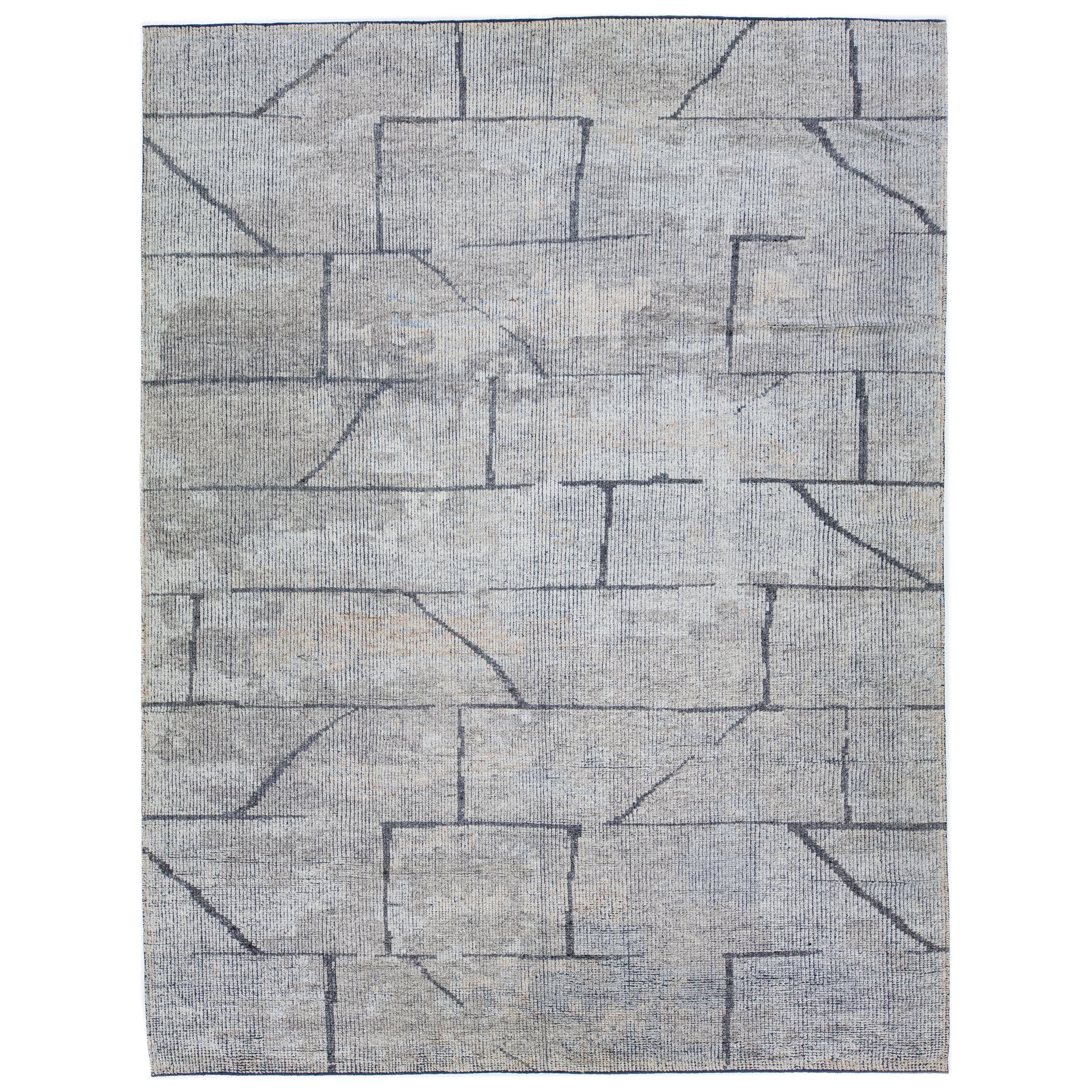 Gray Handmade Modern Moroccan Style Wool Rug with Geometric Pattern For Sale