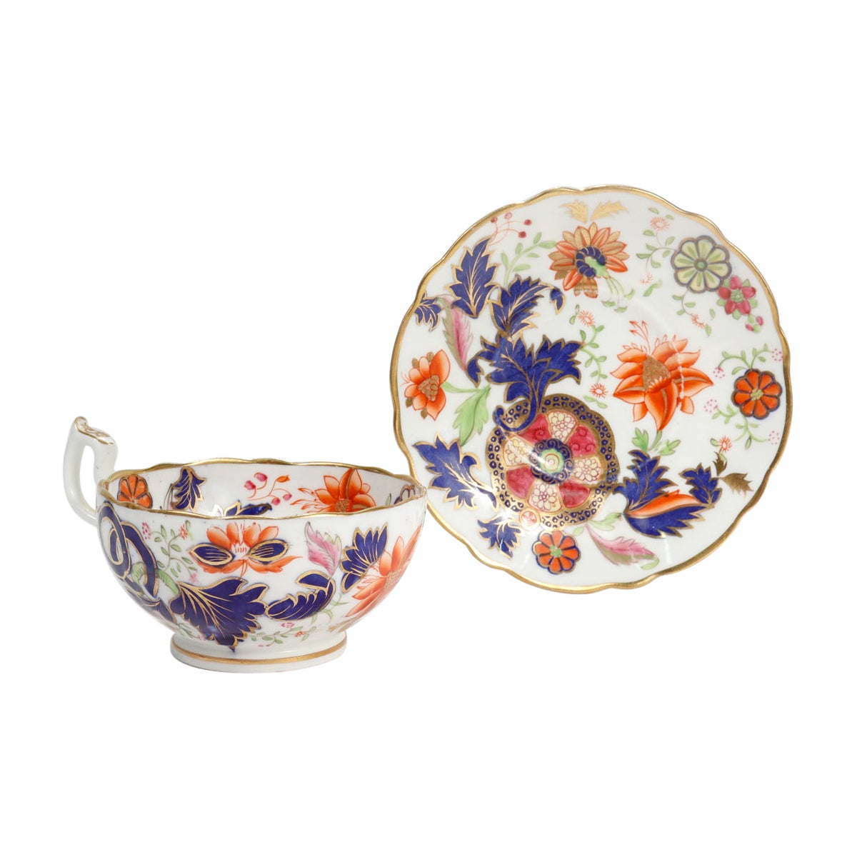 Antique English Porcelain Pseudo-Tobacco Leaf Pattern Tea Cup & Saucer For Sale