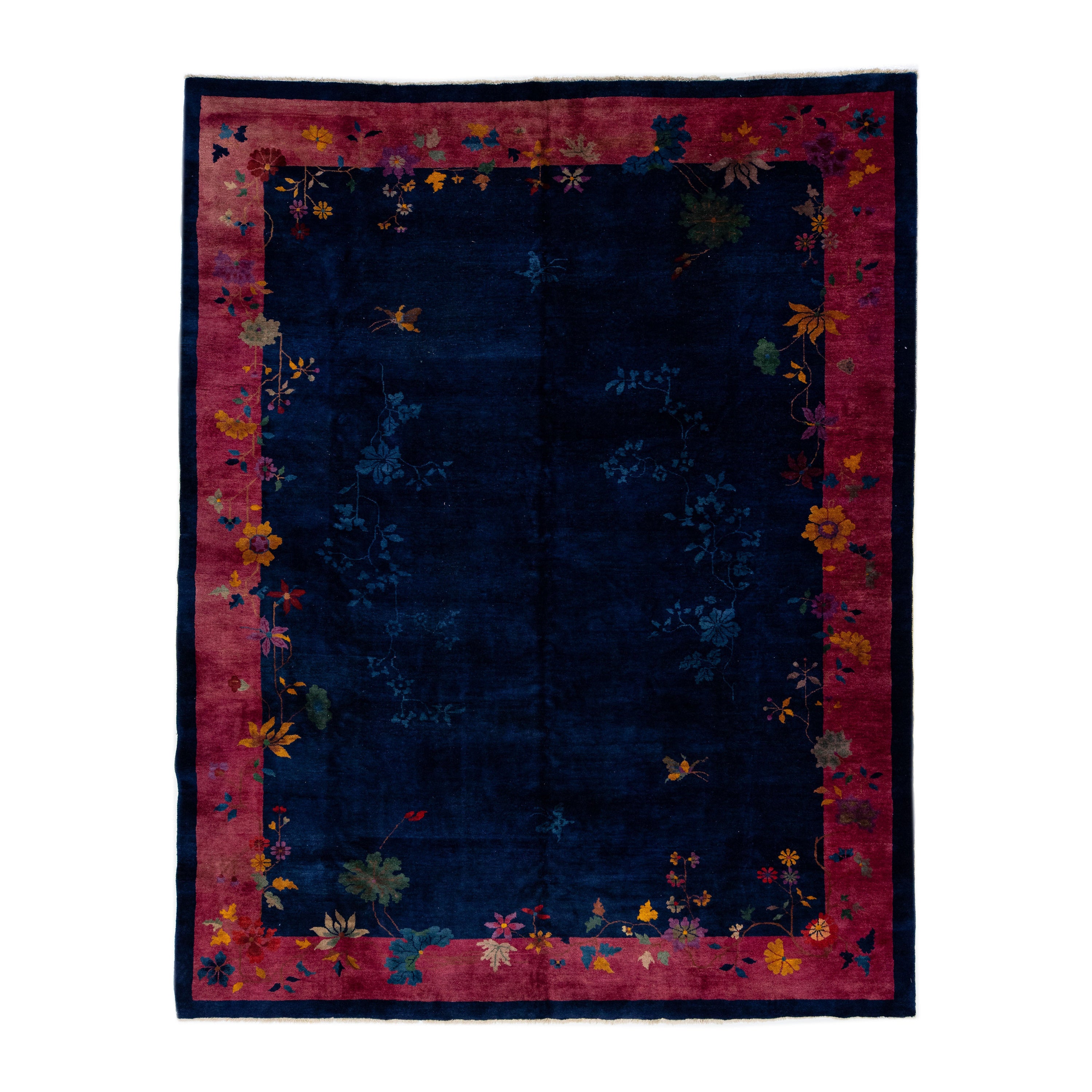 Floral Antique Chinese Art Deco Handmade Wool Rug with Navy Blue Color Field For Sale