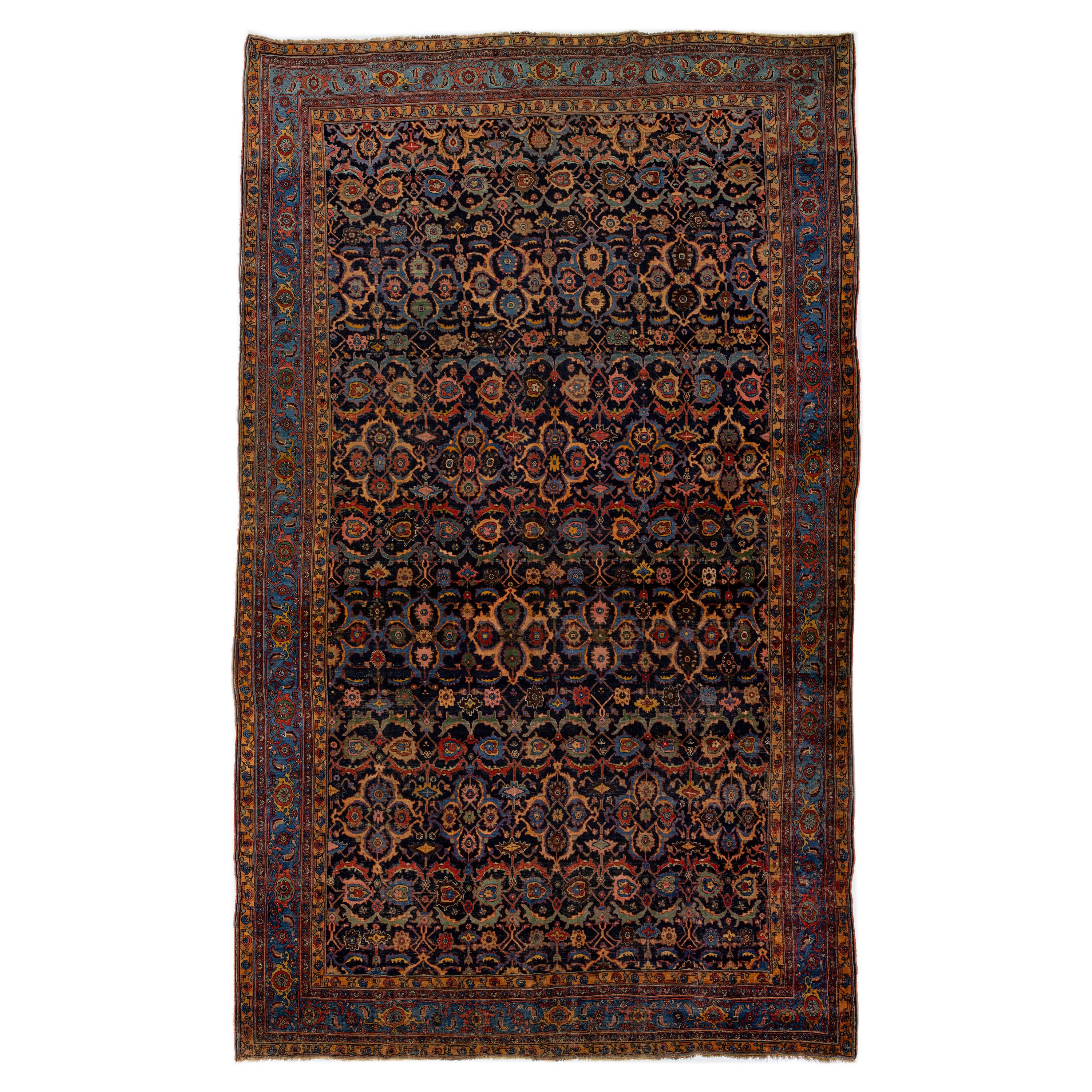  Oversize Antique Bidjar Handmade Wool Rug in Dark Blue with Allover Design
