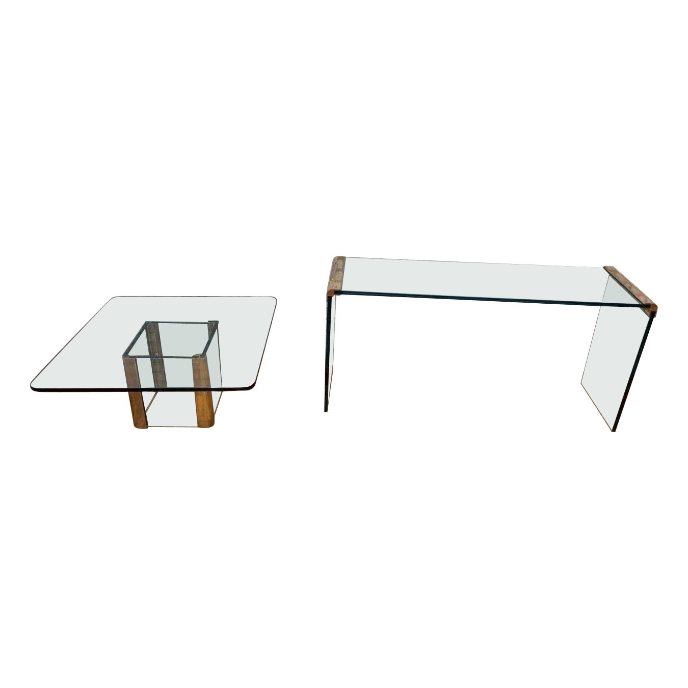 Glass & Brass Waterfall Coffee & Console Table by Leon Rosen for Pace, Set of 2 For Sale