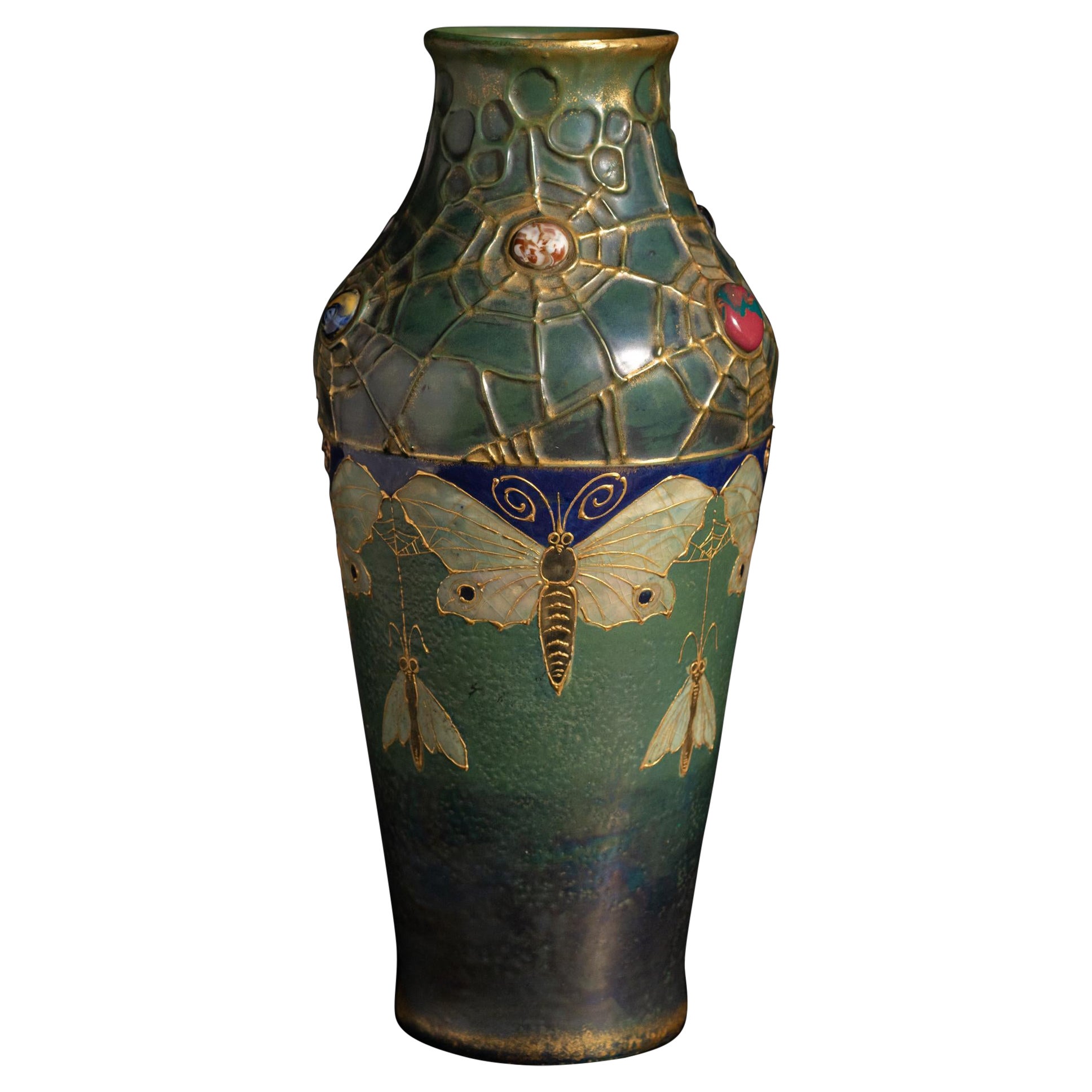 Art Nouveau Gres Bijou Butterfly & Spiderweb Semiramis Vase by RStK Amphora