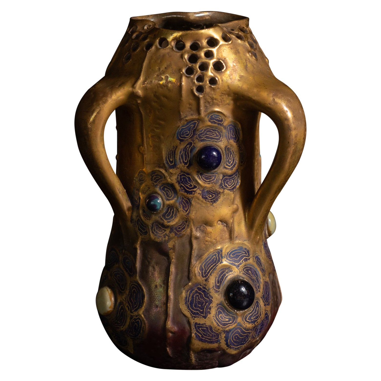 Jugendstilvase mit drei Henkeln von RStK Amphora mit vergoldeter Vergoldung, Gres Bijou