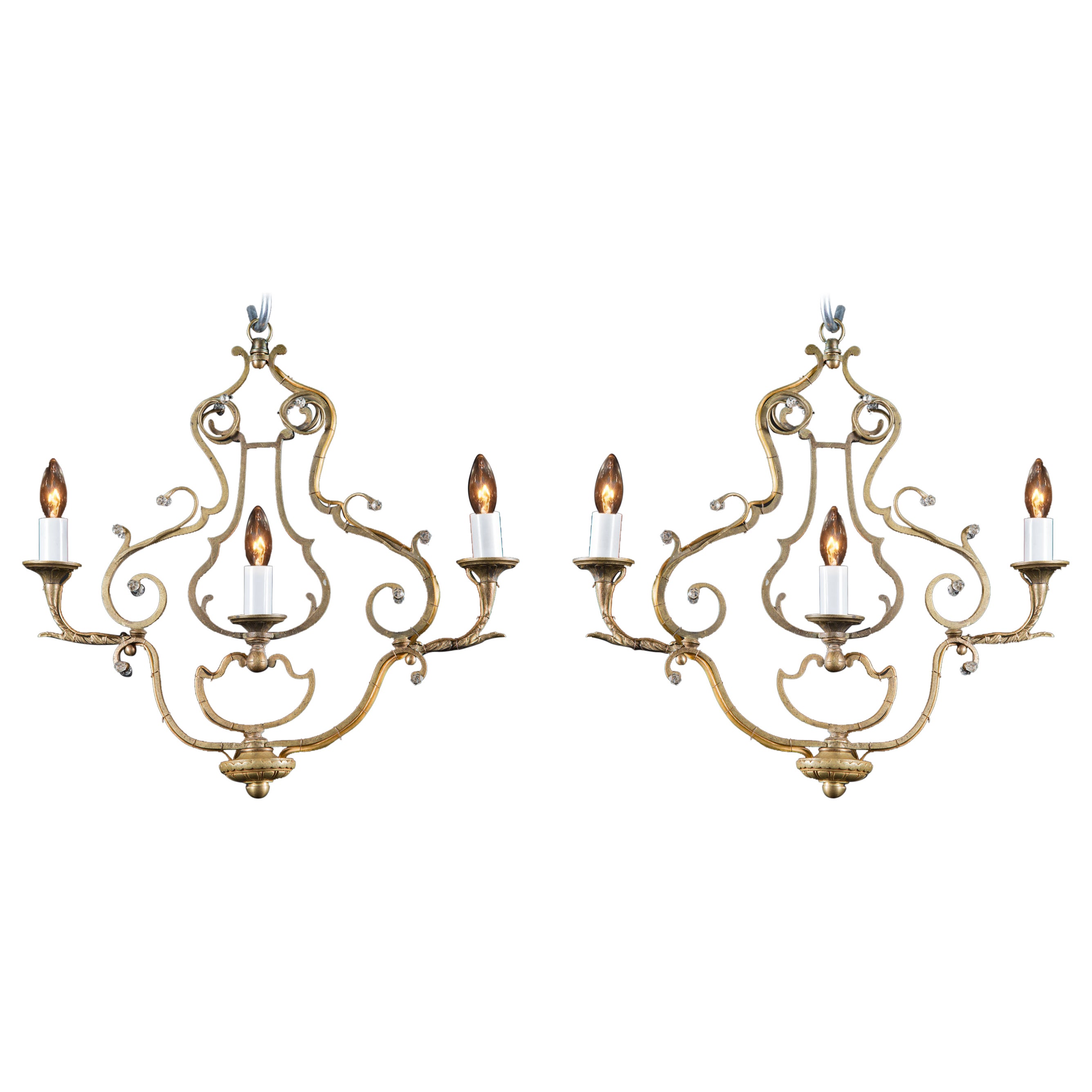 Pair of Louis XV Flat Bronze Chandeliers, French Late 19th Century For Sale