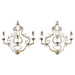 Pair of Louis XV Flat Bronze Chandeliers, French Late 19th Century
