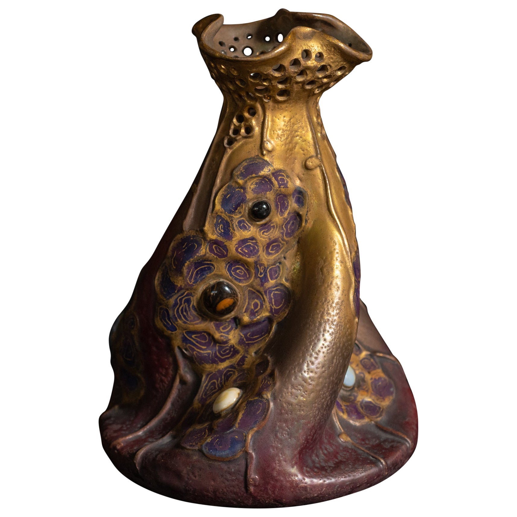 Art Nouveau Gres Bijou Twist Vase by RStK Amphora w/Gilding and Glass Cabachons