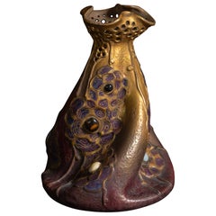 Antique Art Nouveau Gres Bijou Twist Vase by RStK Amphora w/Gilding and Glass Cabachons