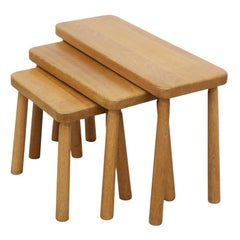 Set of 3 Charlotte Perriand Style Skinny Oak Nesting Tables with Rounded Edges