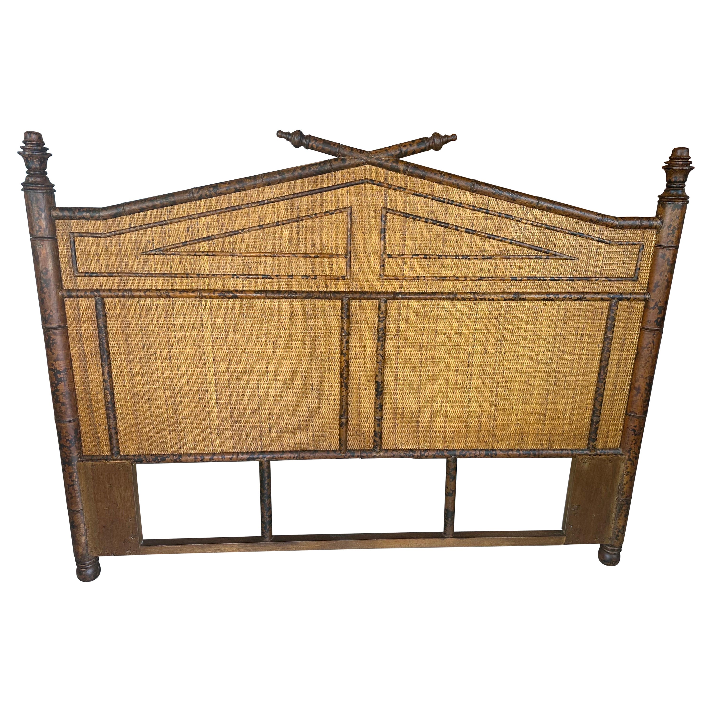 British Colonial Burnt Bamboo & Rattan Grasscloth Headboard Queen Size Bed 