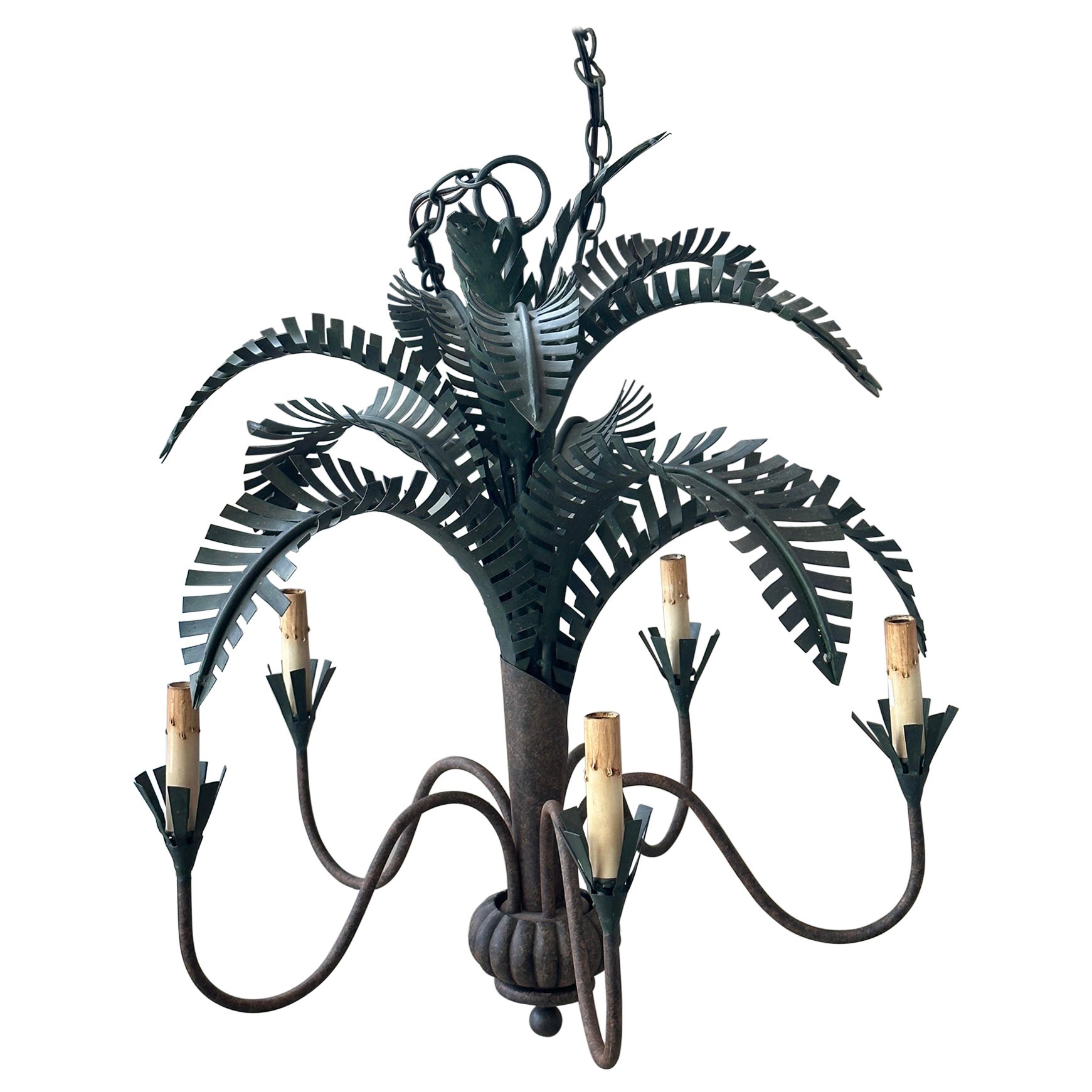 Vintage Currey & Co Metal Tole Palm Tree Leaf Leaves 5 Light Chandelier