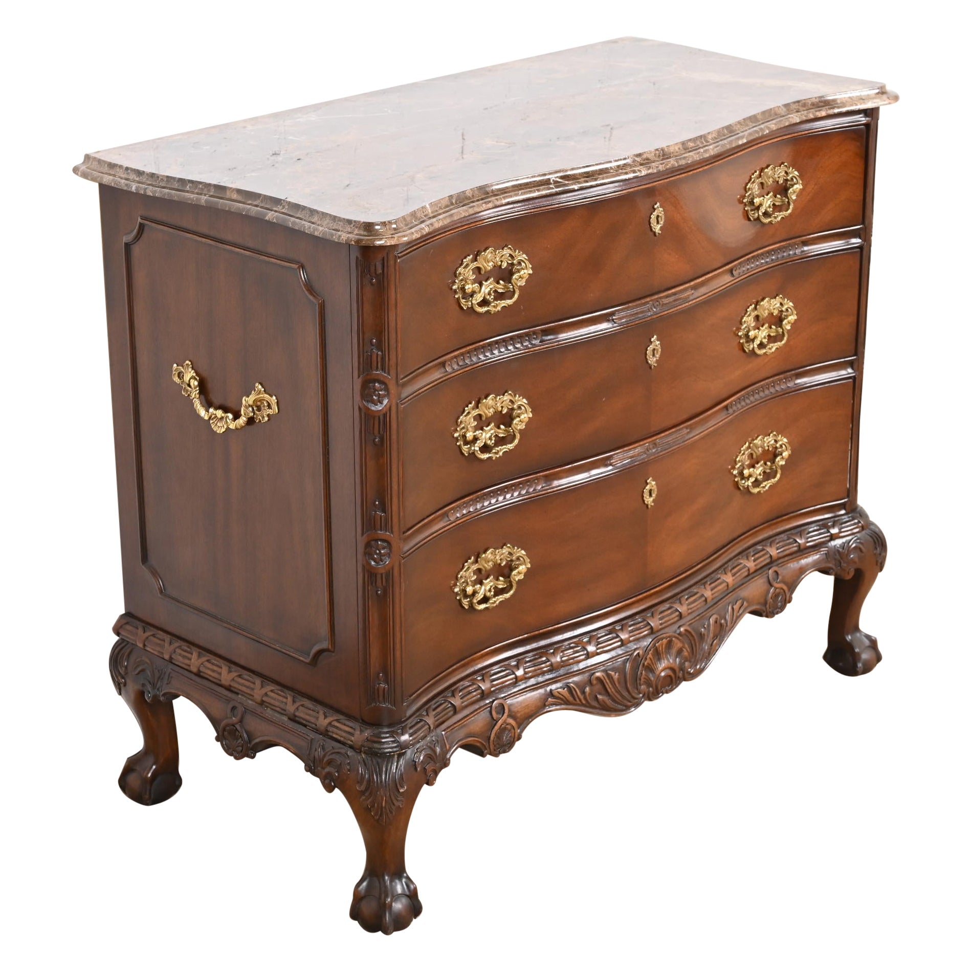 Henredon Chippendale Carved Mahogany Marble Top Serpentine Chest of Drawers For Sale