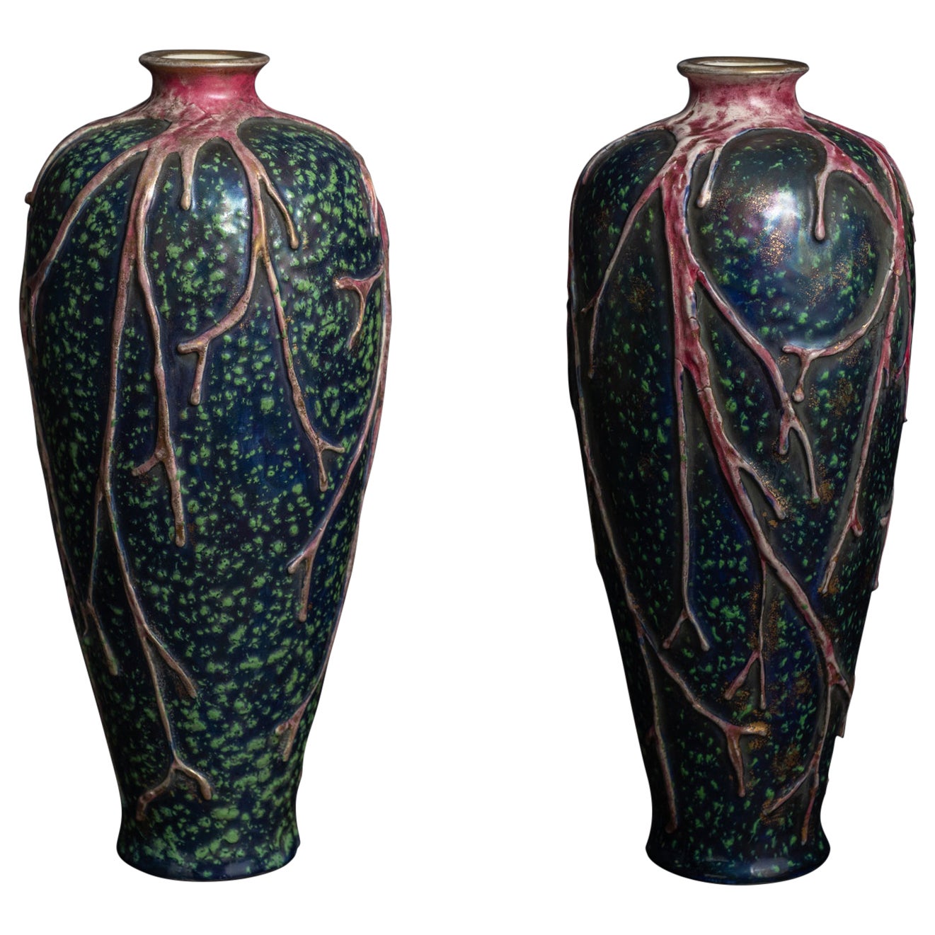 Pair of Art Nouveau Iridescent Vases with Stylized Seaweed Motif by RStK Amphora For Sale