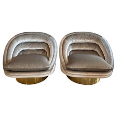 Pair of Vladimir Kagan Crescent Swivel Chairs Brass Base Upholstered Velvet