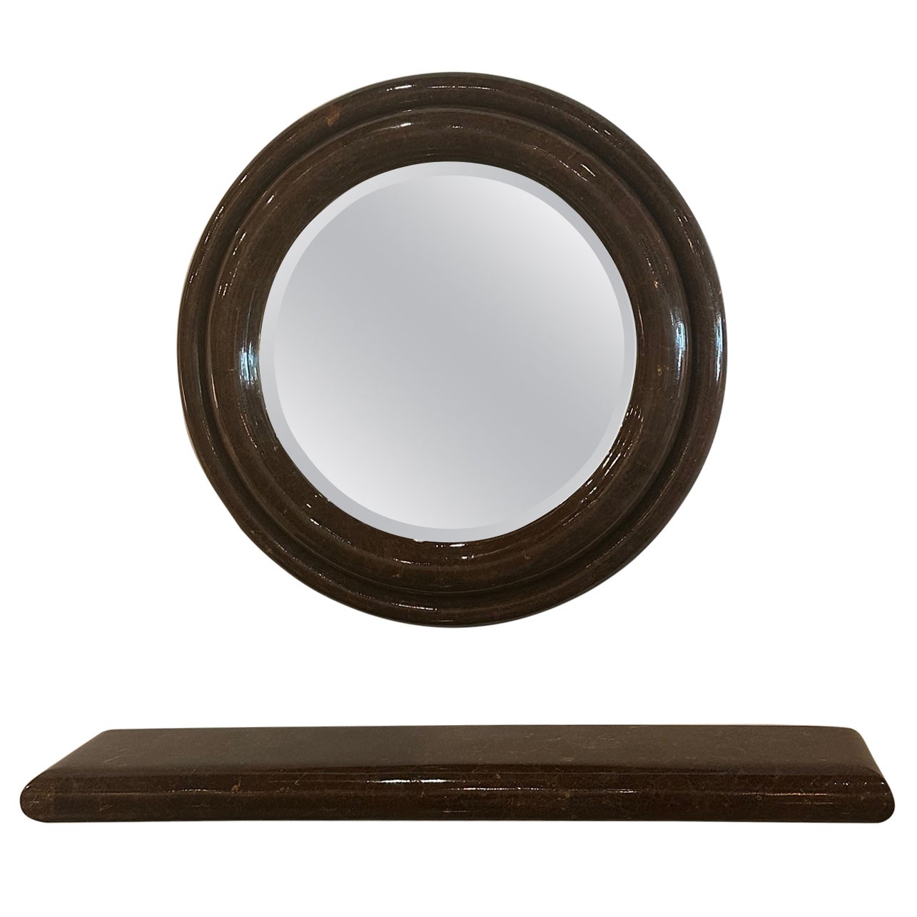Enrique Garcel Round Wall Mirror & Wall Console Table Shelf Coconut Shell Set For Sale
