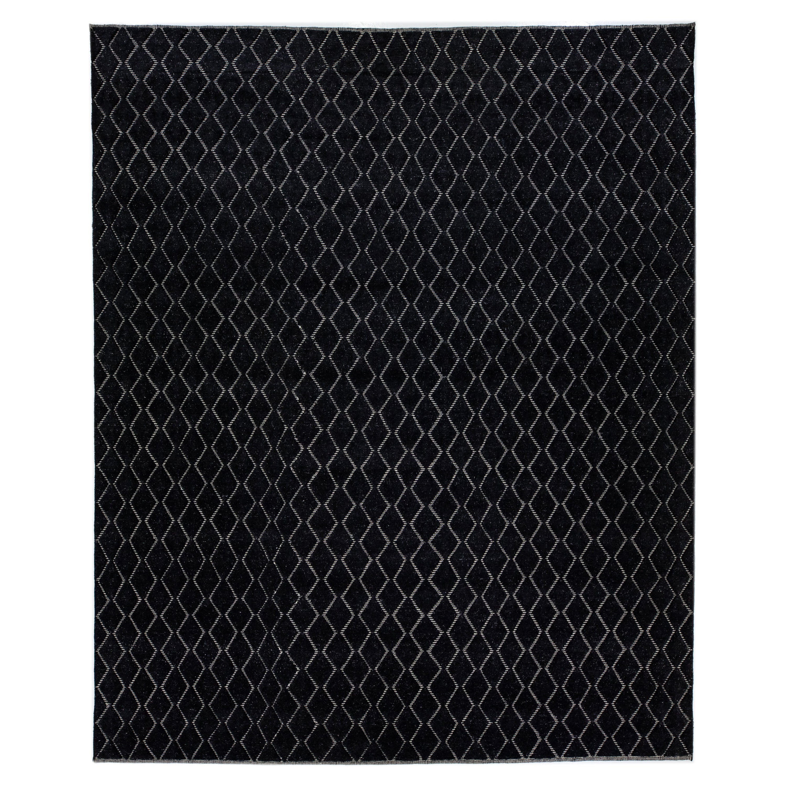 Modern Moroccan Style Black Wool Rug with Geometric Motif