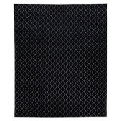 Modern Moroccan Style Black Wool Rug with Geometric Motif