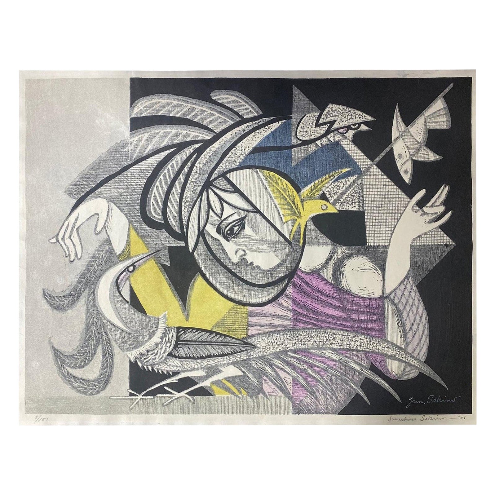 Junichiro Sekino firmato in edizione limitata Stampa astratta giapponese su blocco di legno, 1956