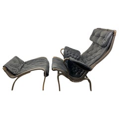 Vintage Pernilla Leather Lounge Chair and Ottoman by Bruno Mathsson for DUX