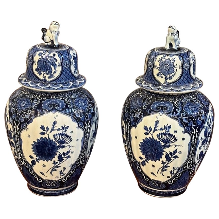 Pair of Delft Blue and White Porcelain Jars For Sale