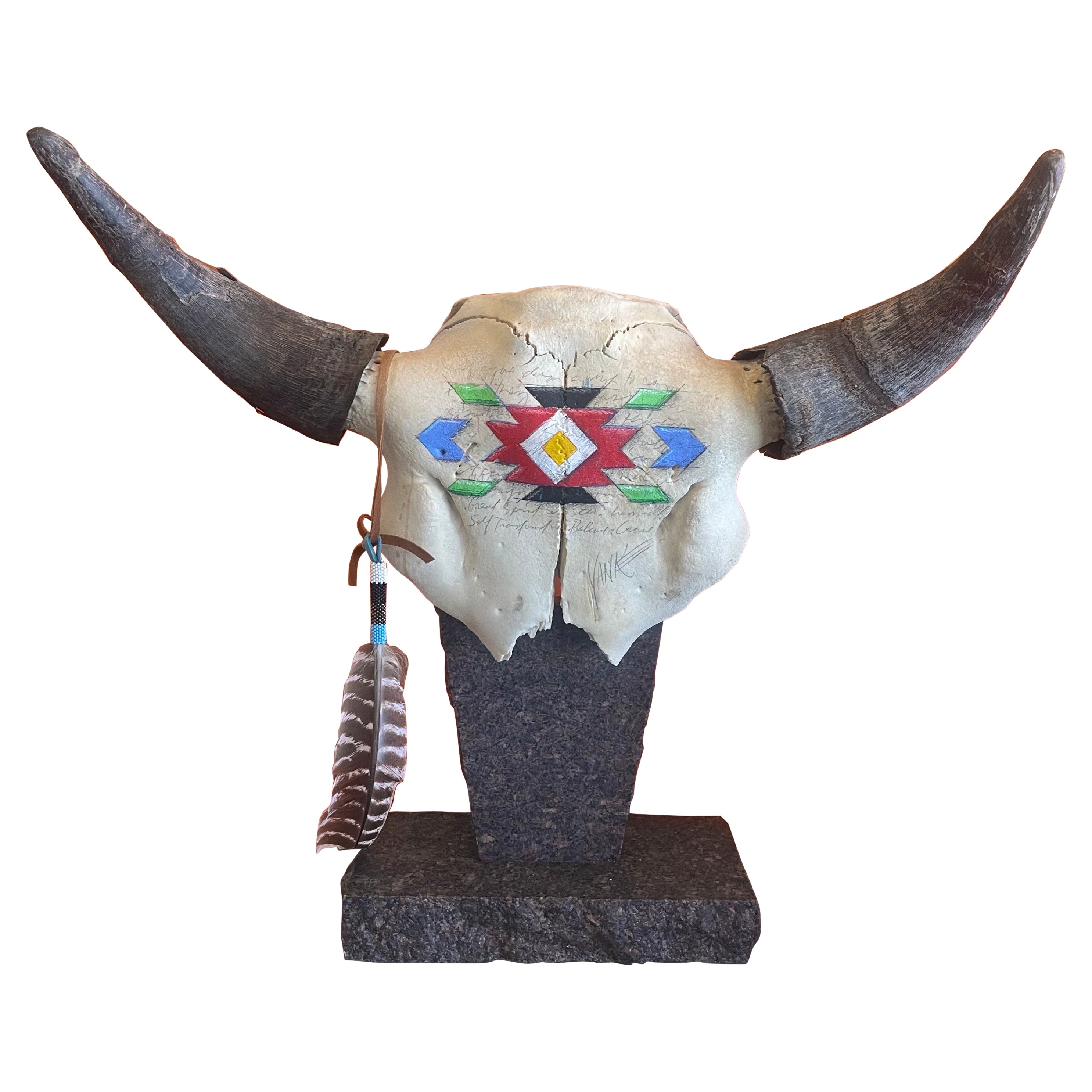 Painted North American Steer Skull with Horns on Granite Base by Tim Yanke For Sale