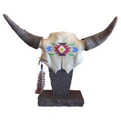 Painted North American Steer Skull with Horns on Granite Base by Tim Yanke