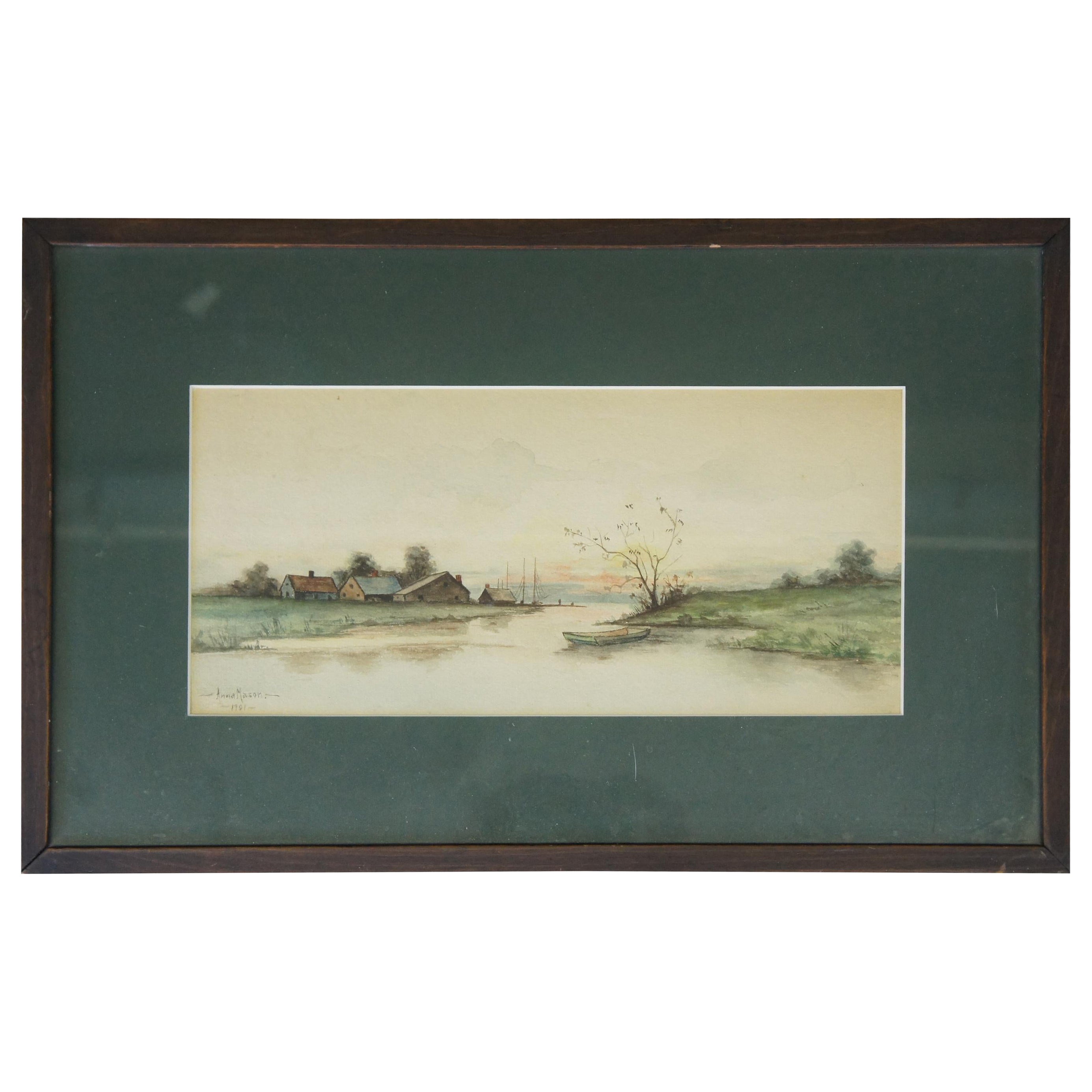 1901 Antique Anna Mason Watercolor Landscape Painting Farmhouse Country River
