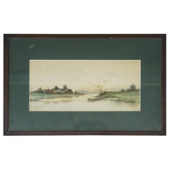 1901 Antique Anna Mason Watercolor Landscape Painting Farmhouse Country River