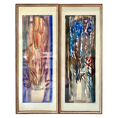 Pittura a guazzo Fiori astratti con vaso Periodo 1960, Spagna Ibiza Baleares
