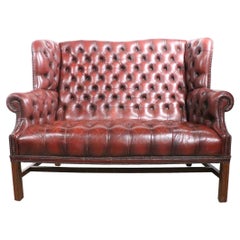 Vintage Tufted Leather Wingback Loveseat Sofa