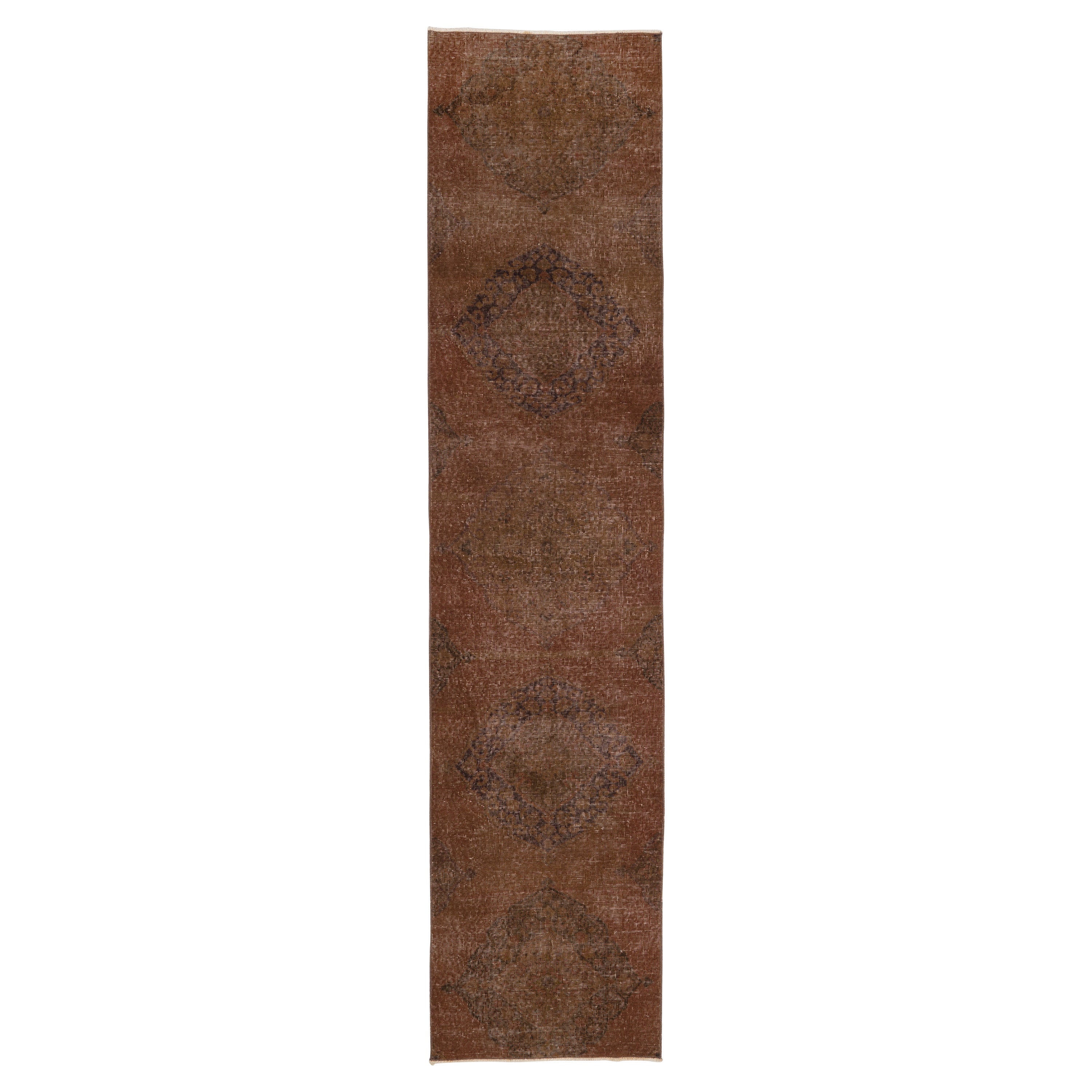 2.5x11 ft Brown Runner Rug for Hallway Decor, Turkish Handmade Corridor Carpet For Sale
