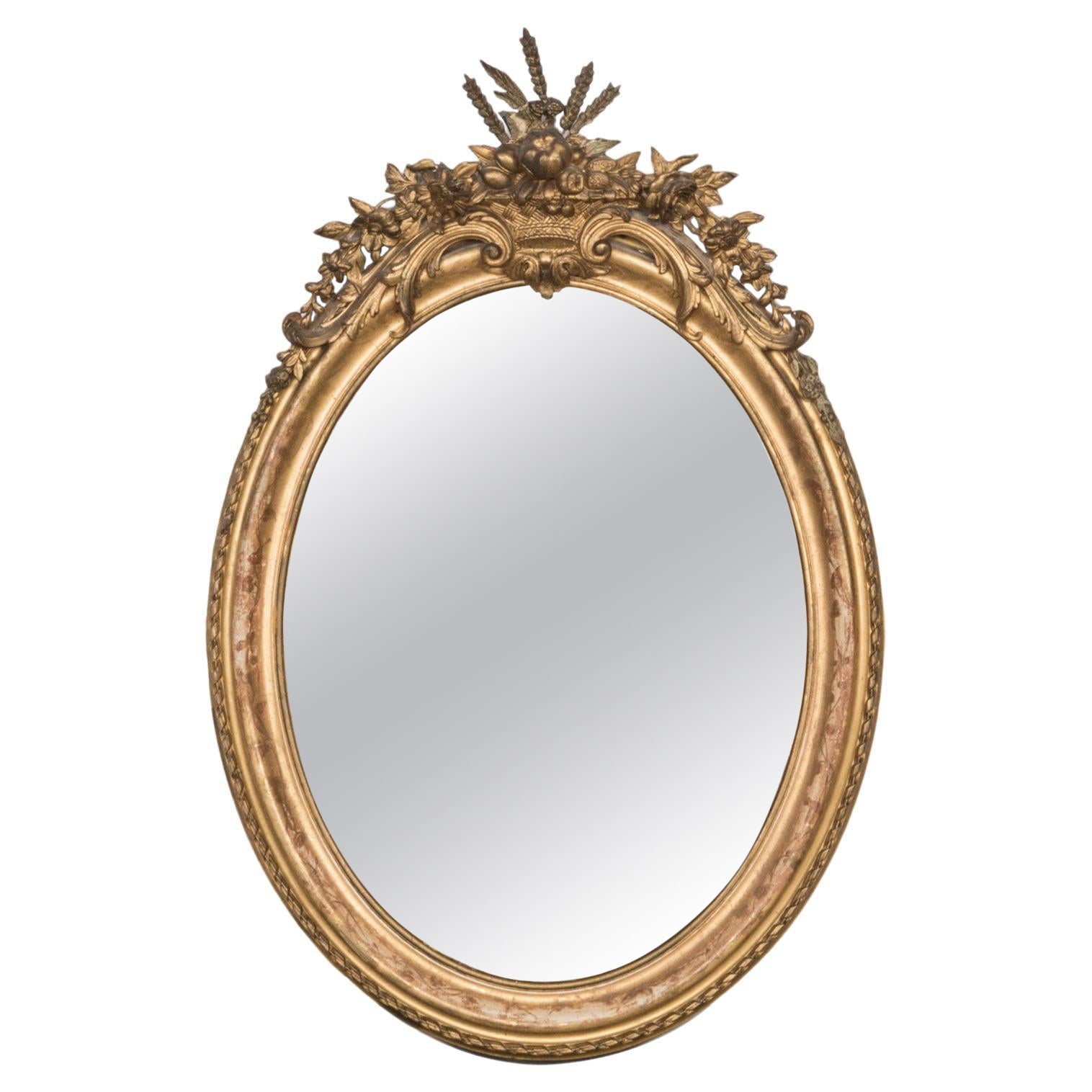 Antique French Louis XVI Gold Oval Mirror, circa 1880 For Sale