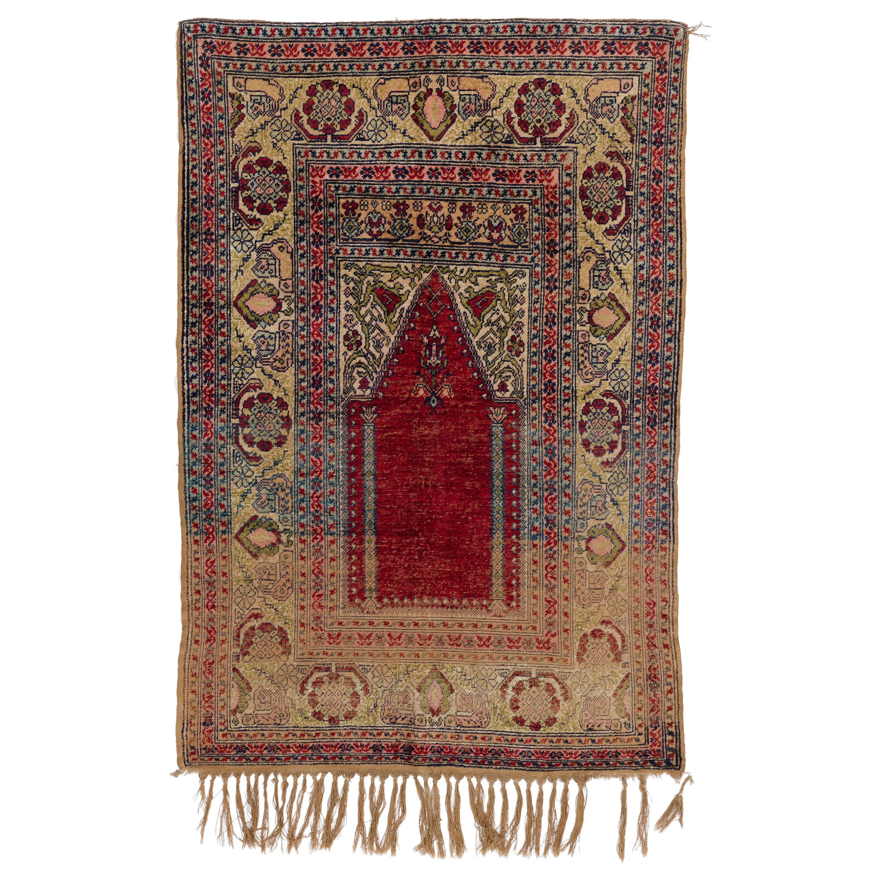 Tapis de prière turc ancien en soie de 3,7x5,4 pieds, vers 1910 en vente