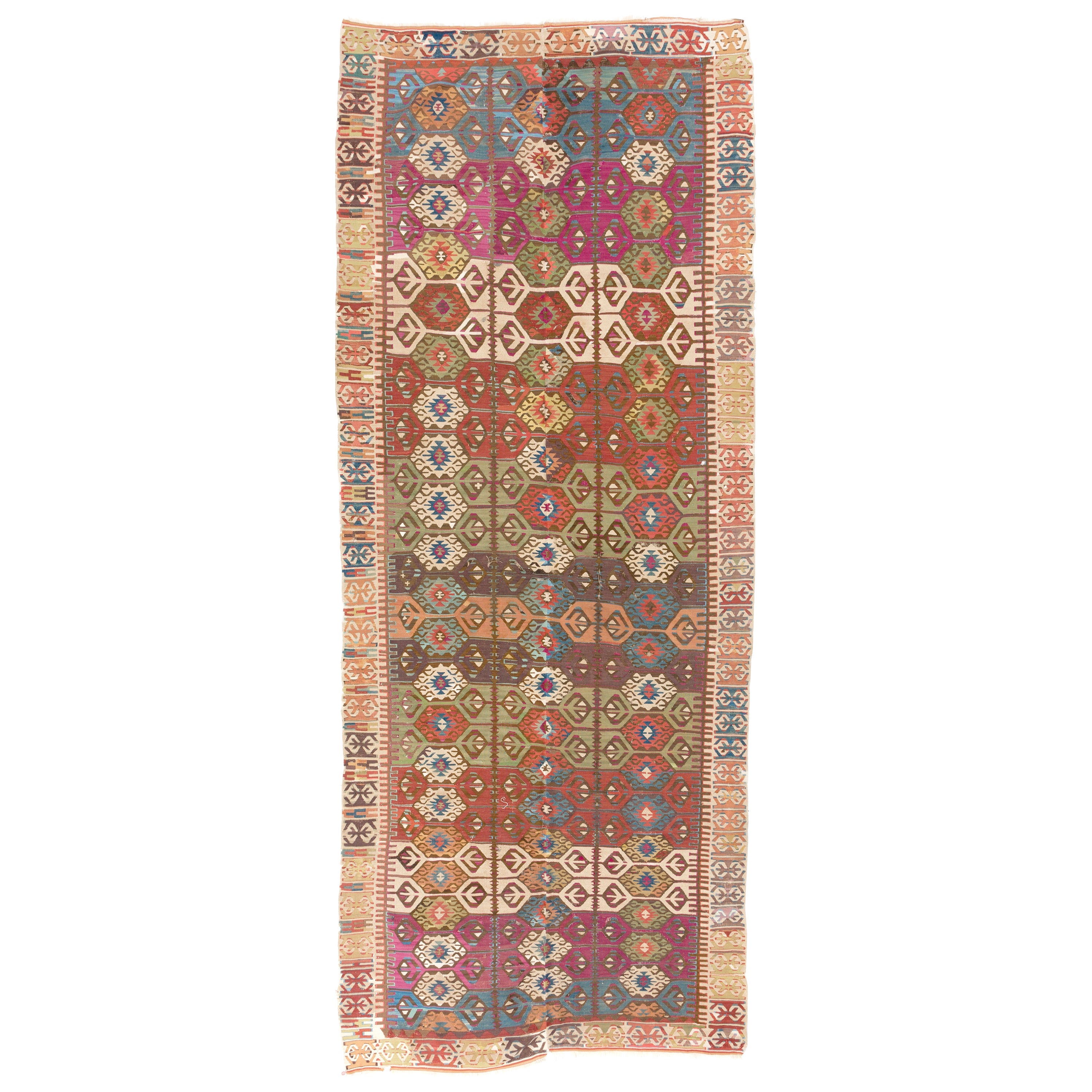 4,8x12.2 Fuß antiker türkischer Konya-Kelim-Teppich, Flachgewebeteppich, ca. 1890