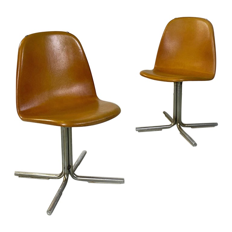 Italian Mid-Century Modern Brown Leather and Steel Chairs, 1960s For Sale