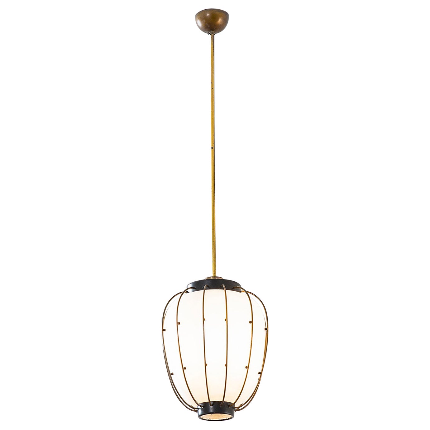 20th Century Arredoluce attr. Chandelier Opaline Glass Diffuser and Brass, 50s For Sale