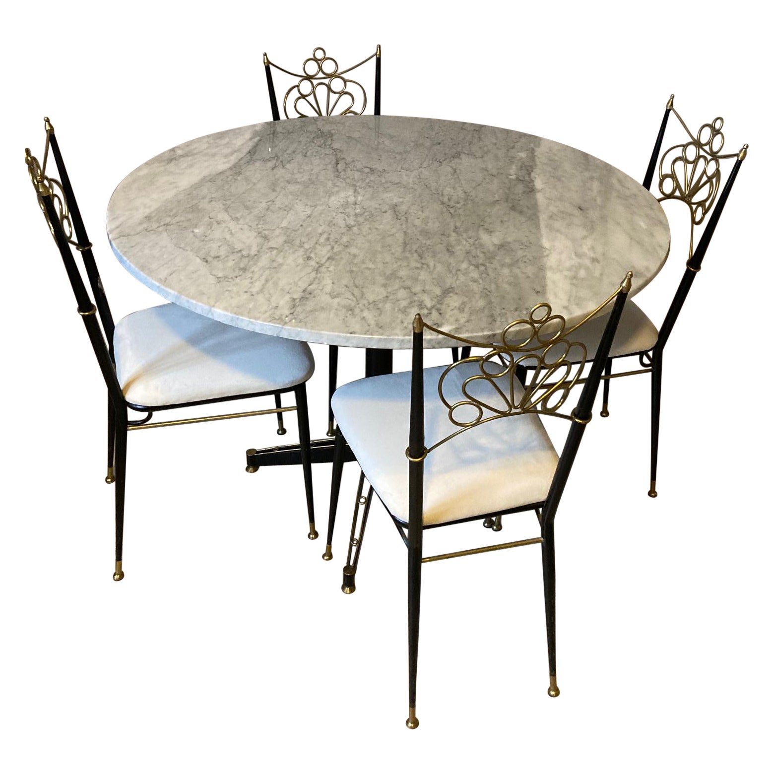 20th Century Marble, Metal and Brass Rounded Table with 4 Chairs, 1950s For Sale