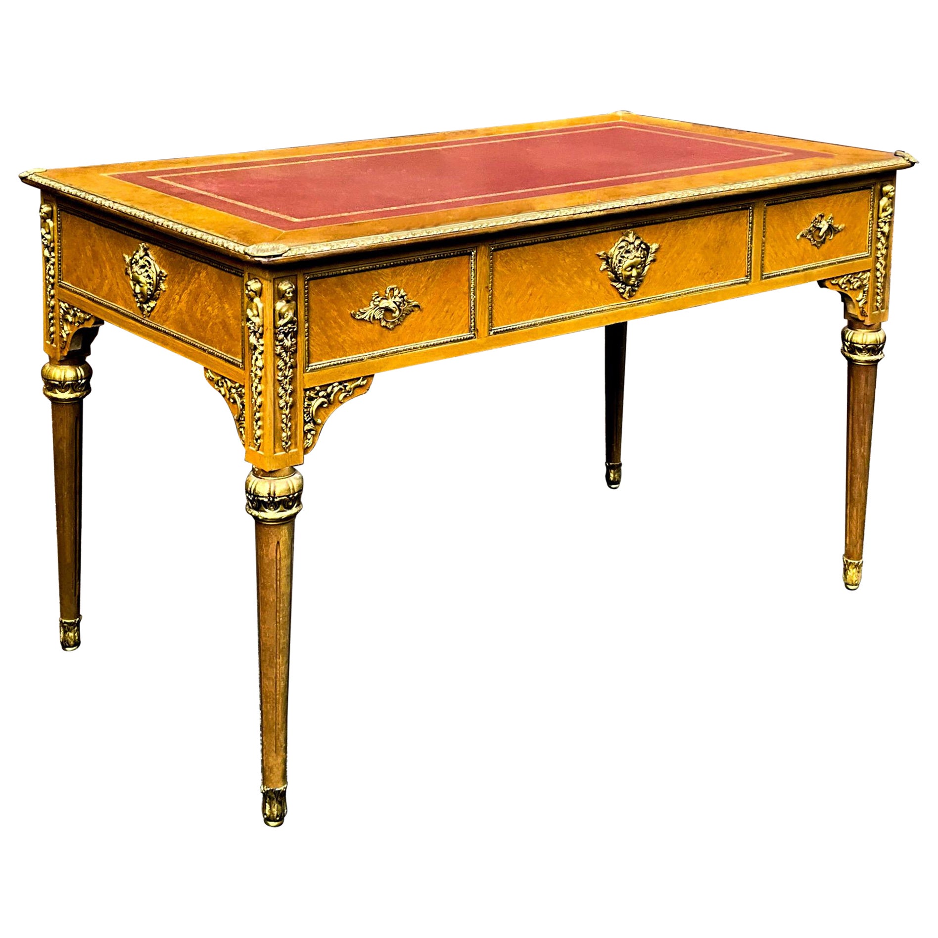 French Louis XVI Style Burl Walnut / Bronze Tooled Leather Desk or Writing Table